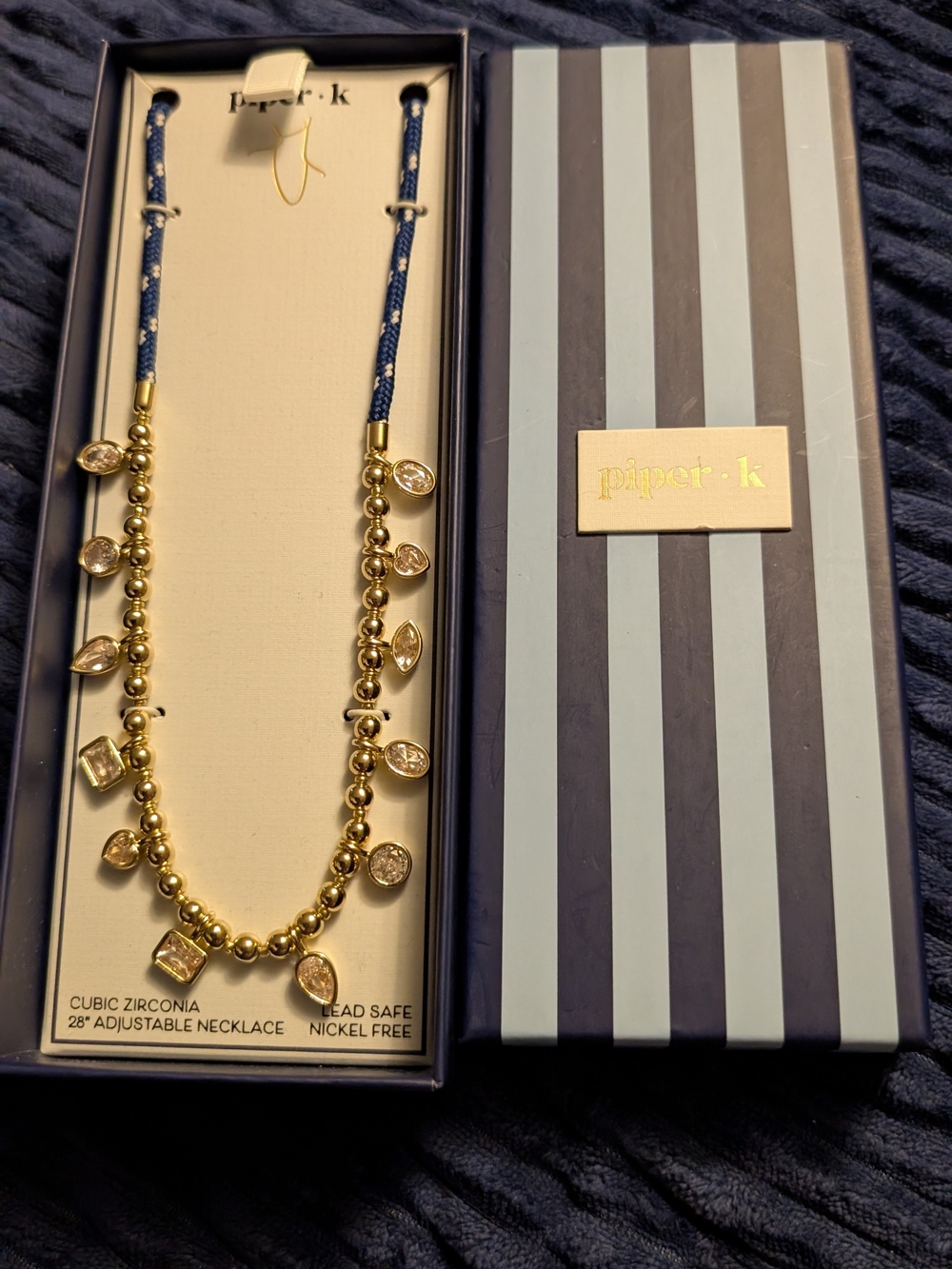 Piper-k Gold Bead Necklace with Navy Cord and CZ Charms - Picture 1 of 5